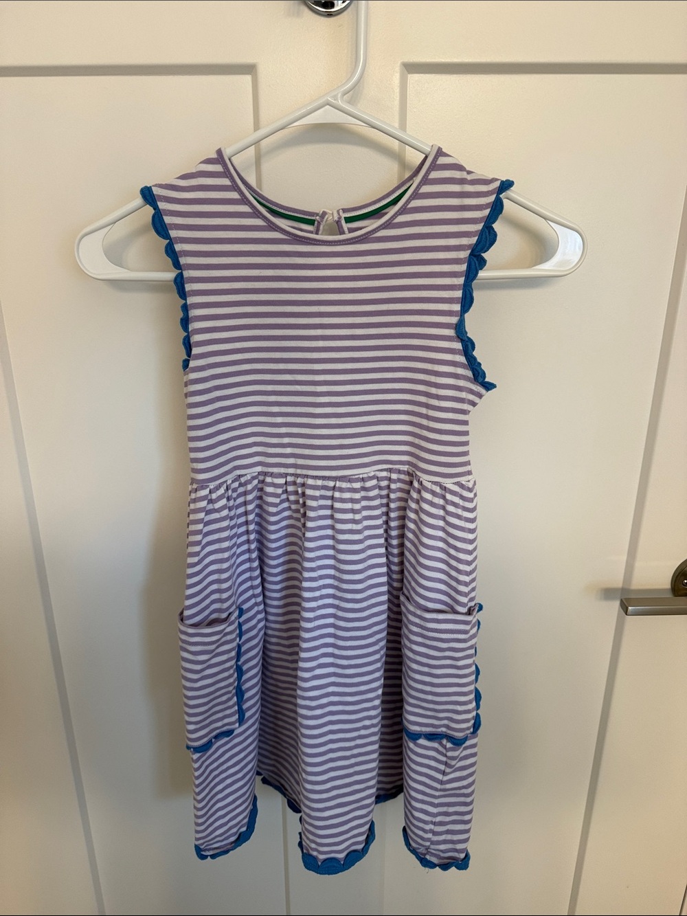 Mini Boden Lavender and White Striped Dress with Blue Trim